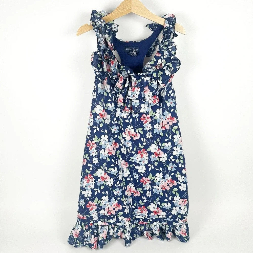 Ralph Lauren Floral Dress Girls 8 Navy Blue‎ Ruffle Racerback Sundress